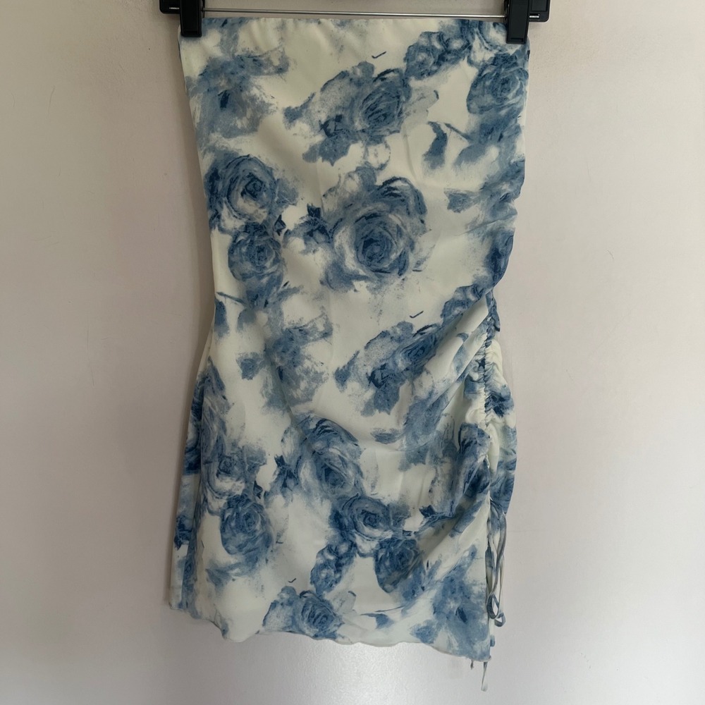LA Hearts PacSun Blue Rose Floral Ruched Strapless Tube Mini Dress XS